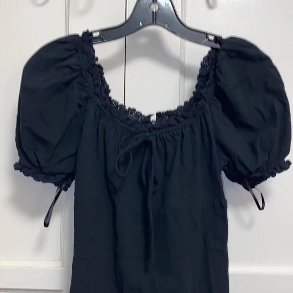 SHEIN Small Frenchy Puff Sleeve Knot Front Frill Trim Split Hem - Picture 7 of 11